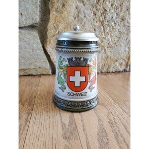 Antique Beer Steins Lidded Pewter Gerz West Germany Schweiz Ceramic EUC